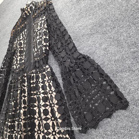 EillyBazar Dress Womens Medium Black Crochet High Neck Bell Sleeve Mini Cocktail - Picture 3 of 13